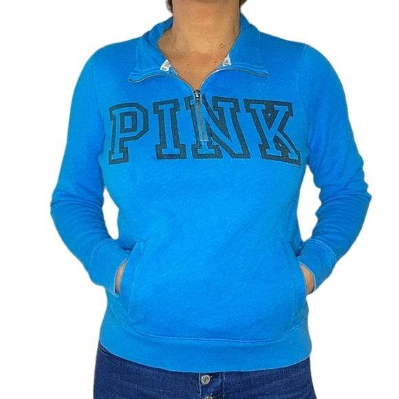 Pink by VS Quarter Zip Pullover Sweater Size Small Blue Long Sleeve - Picture 1 of 4